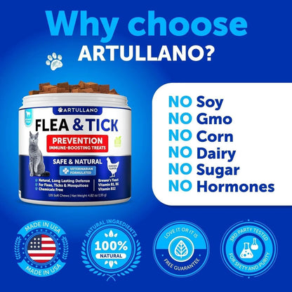 Flea Treatment for Cats Natural Flea and Tick Prevention Supplement for Cats Kittens Chewable Daily Oral Pills with Vitamins 135 Soft Chews Skin & Coat Dental Treats Digestion Made in USA