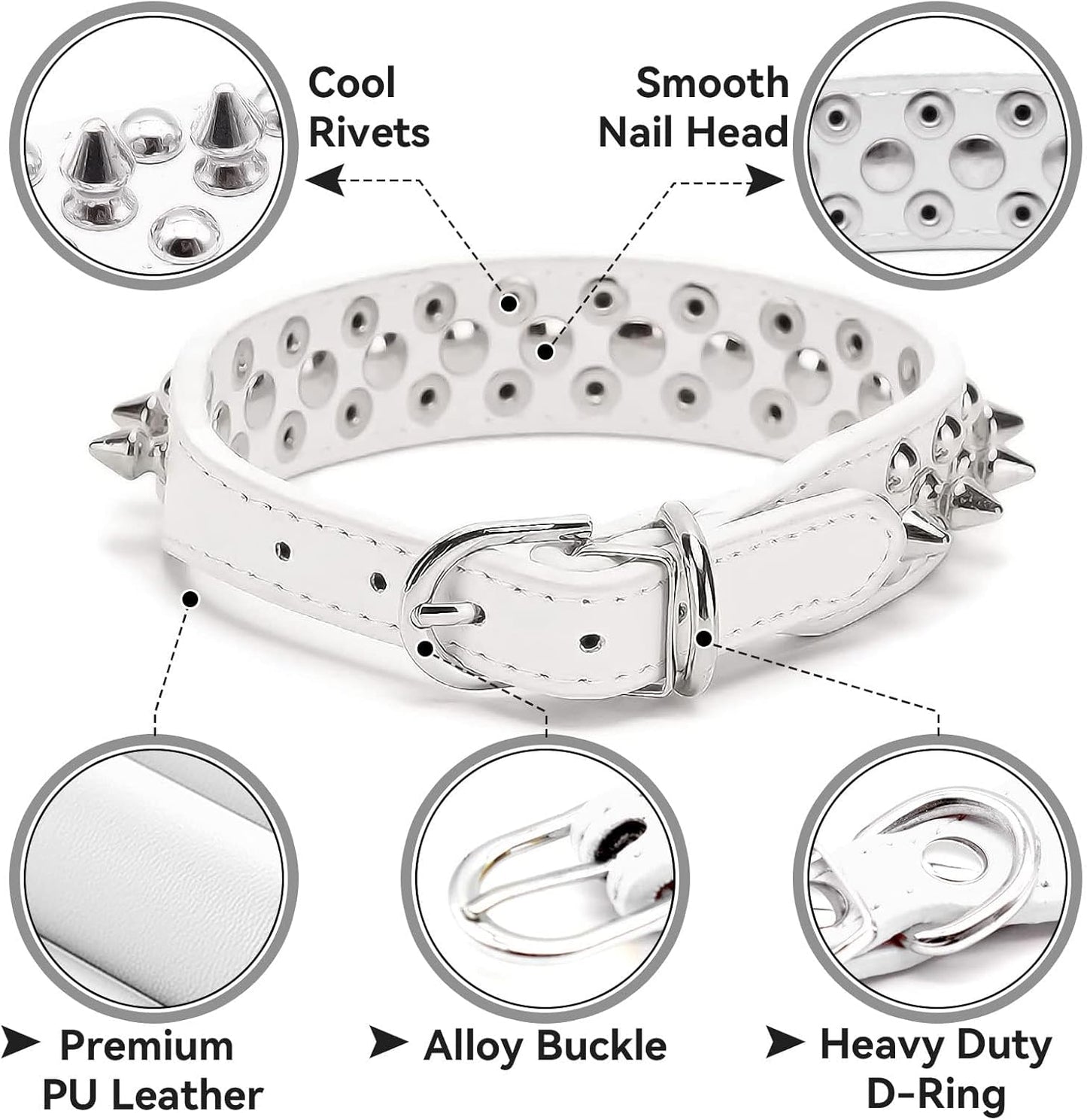 Small Spiked Dog Cat Collar for Small Medium Dogs Boy Male Female - Adjustable Studded Puppy Collars - Soft Padded Punk Leather Dog Collar for Chihuahua French Bulldog Pug (White,Xs)