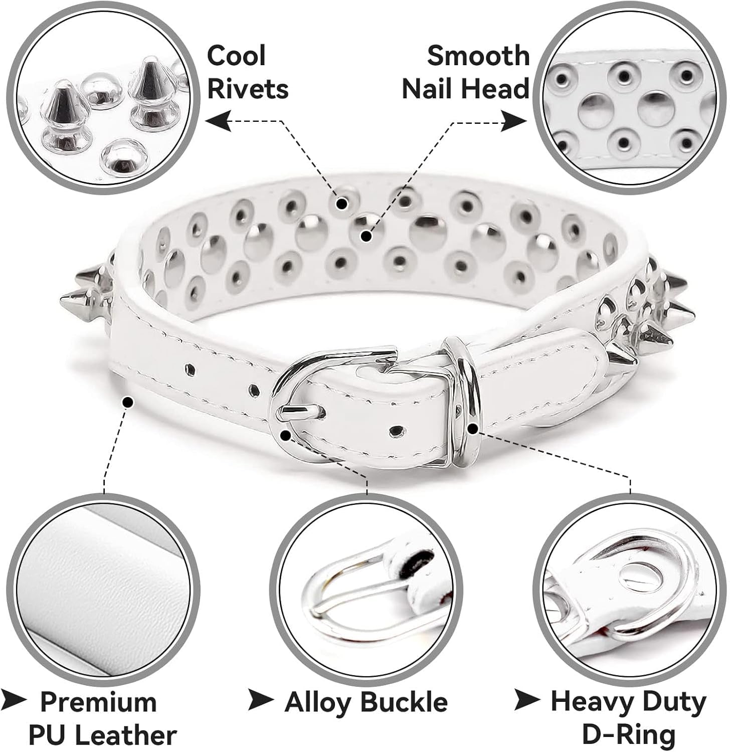 Small Spiked Dog Cat Collar for Small Medium Dogs Boy Male Female - Adjustable Studded Puppy Collars - Soft Padded Punk Leather Dog Collar for Chihuahua French Bulldog Pug (White,Xs)