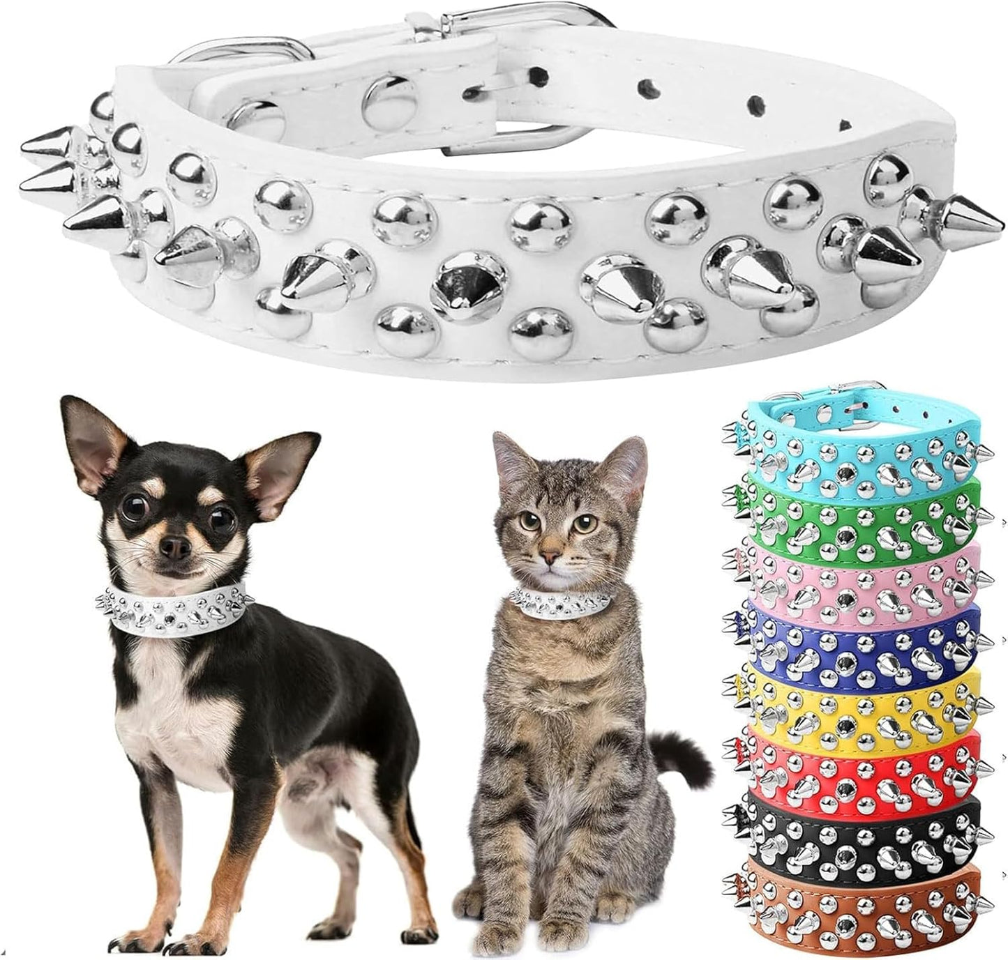 Small Spiked Dog Cat Collar for Small Medium Dogs Boy Male Female - Adjustable Studded Puppy Collars - Soft Padded Punk Leather Dog Collar for Chihuahua French Bulldog Pug (White,Xs)
