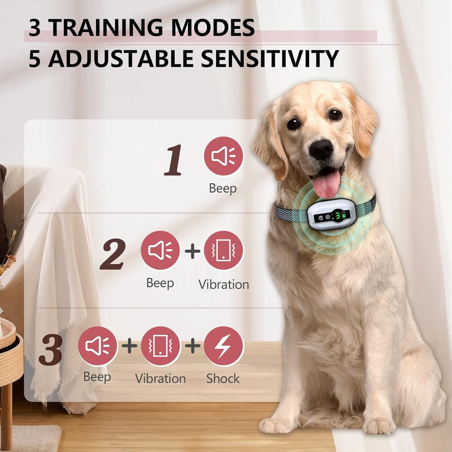 Dog Bark Collar, Anti-Barking Pet Training Collar, Waterproof E-Bark Shock Collar for Large Medium Small Dogs, Rechargeable Barking Collar with Beep Vibration Shock, 5 Adjustable Sensitivity (White)