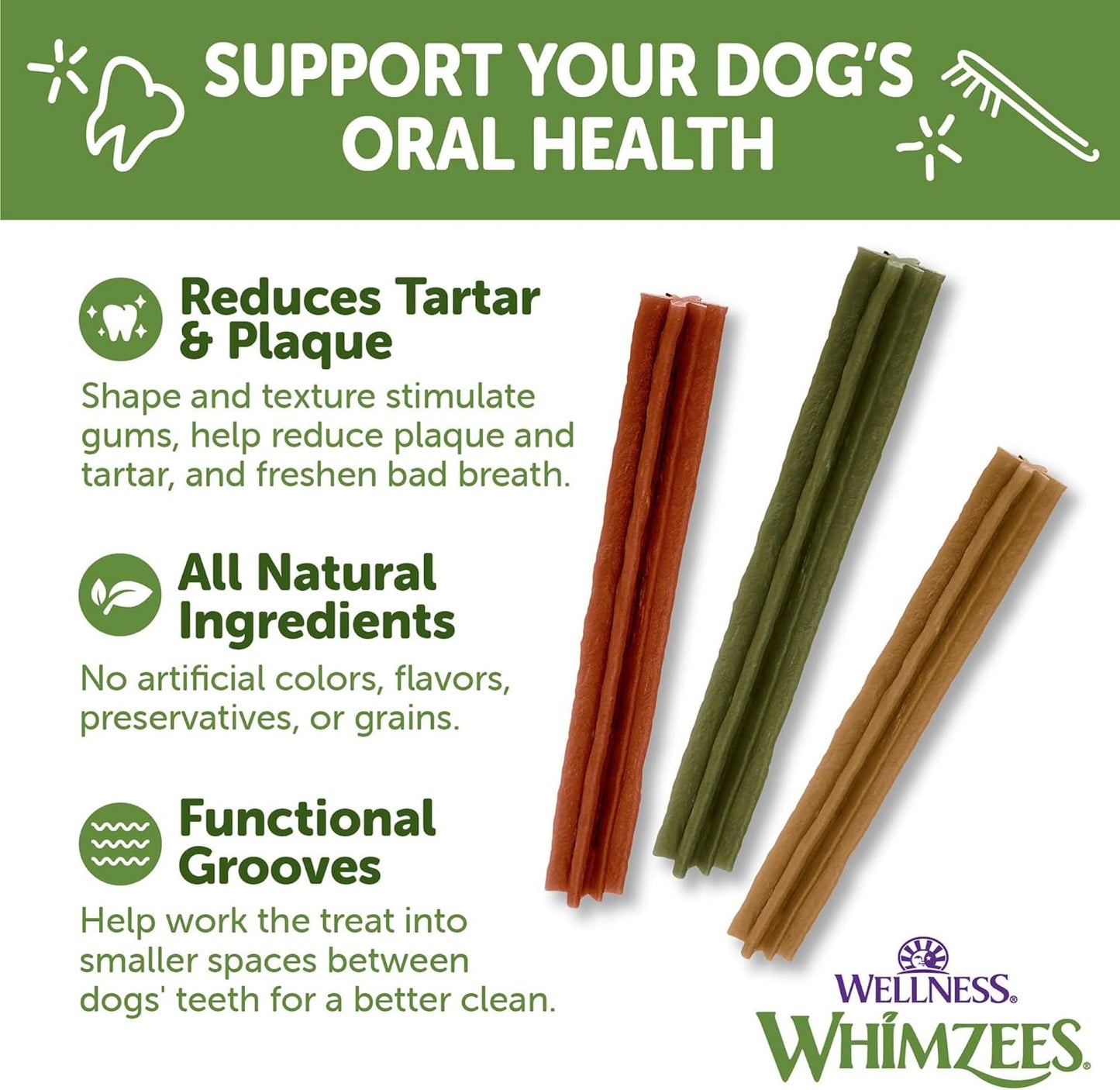 Wellness Stix Natural Dog Dental Treat, Chews, Freshens Breath, Medium Size Sticks, 14.81 Oz Bag, 14 Count