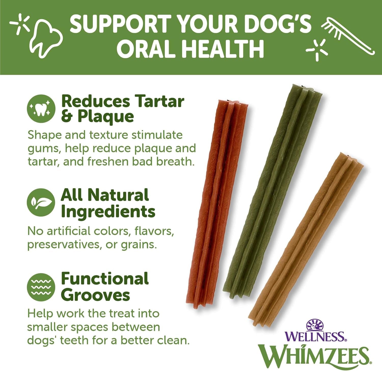 Wellness Stix Natural Dog Dental Treat, Chews, Freshens Breath, Medium Size Sticks, 14.81 Oz Bag, 14 Count