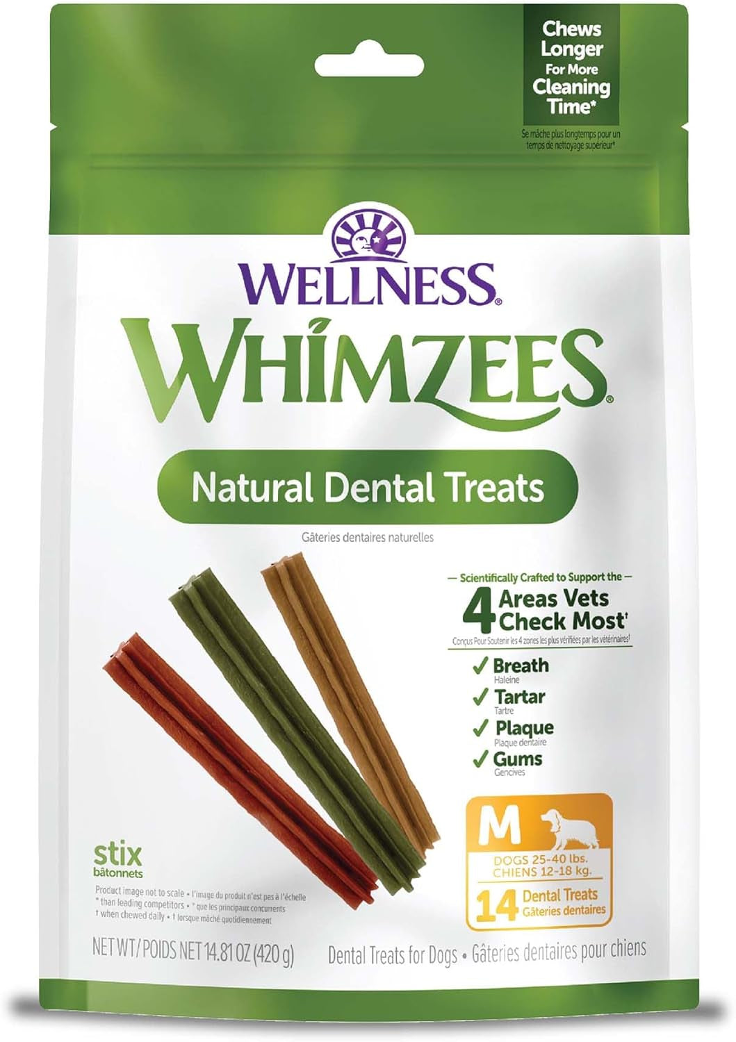 Wellness Stix Natural Dog Dental Treat, Chews, Freshens Breath, Medium Size Sticks, 14.81 Oz Bag, 14 Count