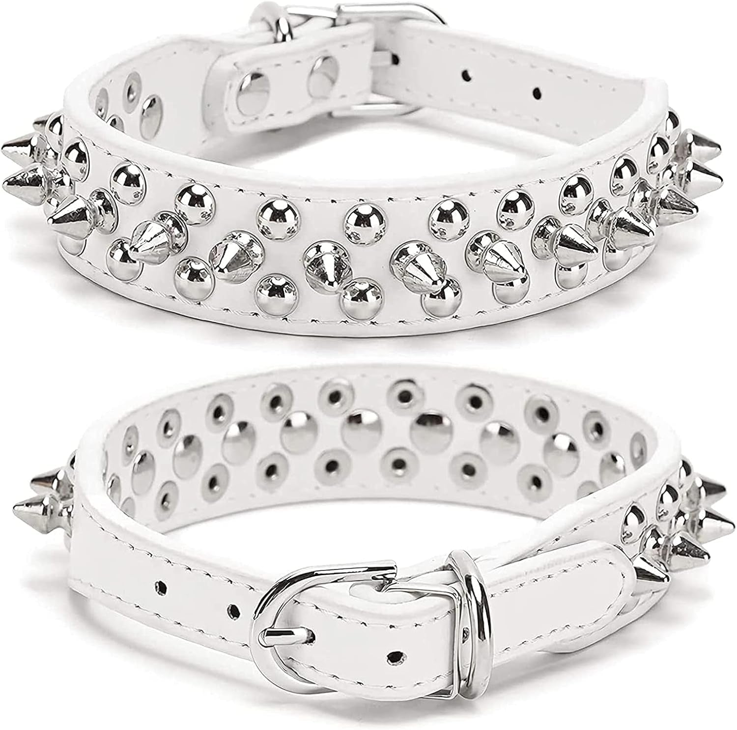 Small Spiked Dog Cat Collar for Small Medium Dogs Boy Male Female - Adjustable Studded Puppy Collars - Soft Padded Punk Leather Dog Collar for Chihuahua French Bulldog Pug (White,Xs)