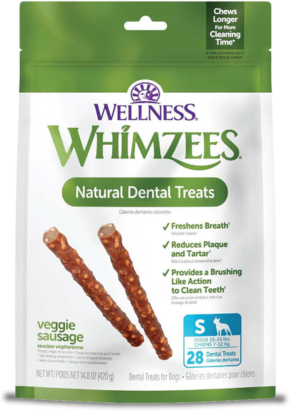 Wellness Veggie Sausage Natural Dog Dental Treat, Chews, Freshens Breath, Small Size, 14.81 Oz Bag, 28 Count